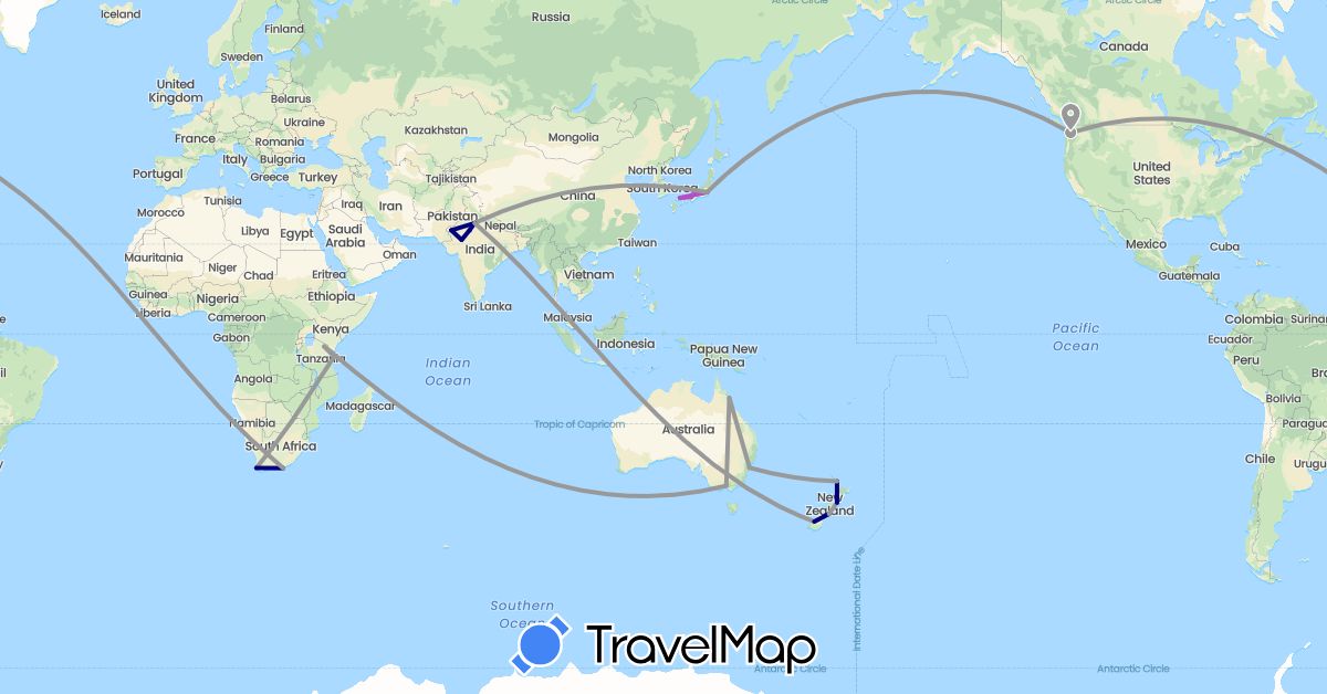 TravelMap itinerary: driving, plane, train in Australia, India, Japan, New Zealand, Tanzania, United States, South Africa (Africa, Asia, North America, Oceania)